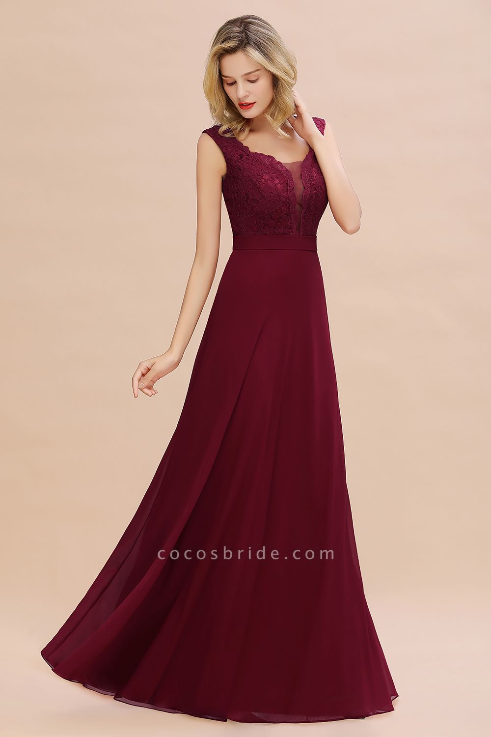 Elegant A-line Chiffon Lace V-Neck Sleeveless Floor-Length Bridesmaid Dress
