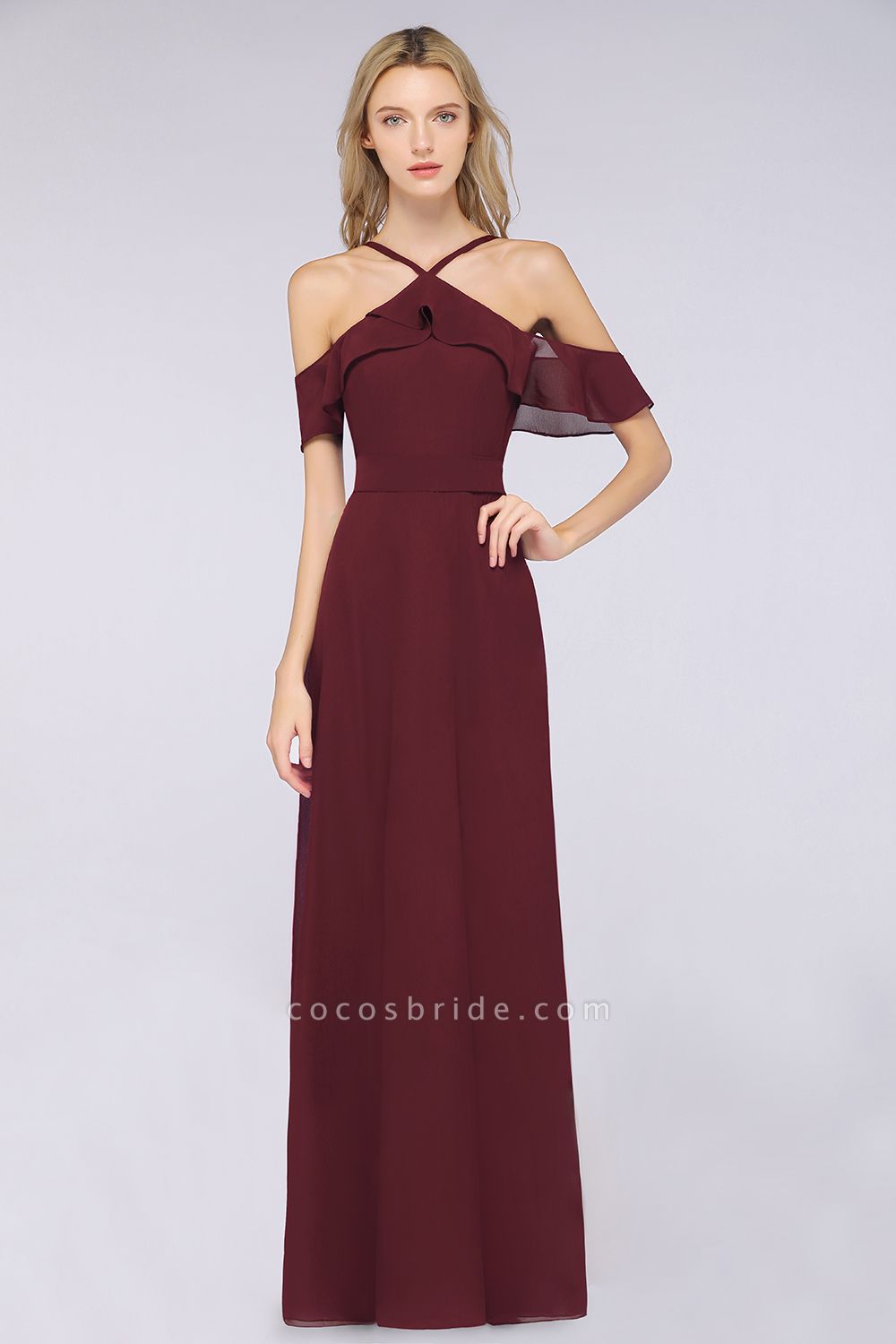 A-line Chiffon Spaghetti-Straps Sleeveless Ruffles Floor-Length Bridesmaid Dress with Bow Sash