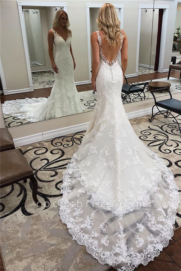 Straps V Neck Beackless Applique Charpel Train Fitted Mermaid Wedding Dresses