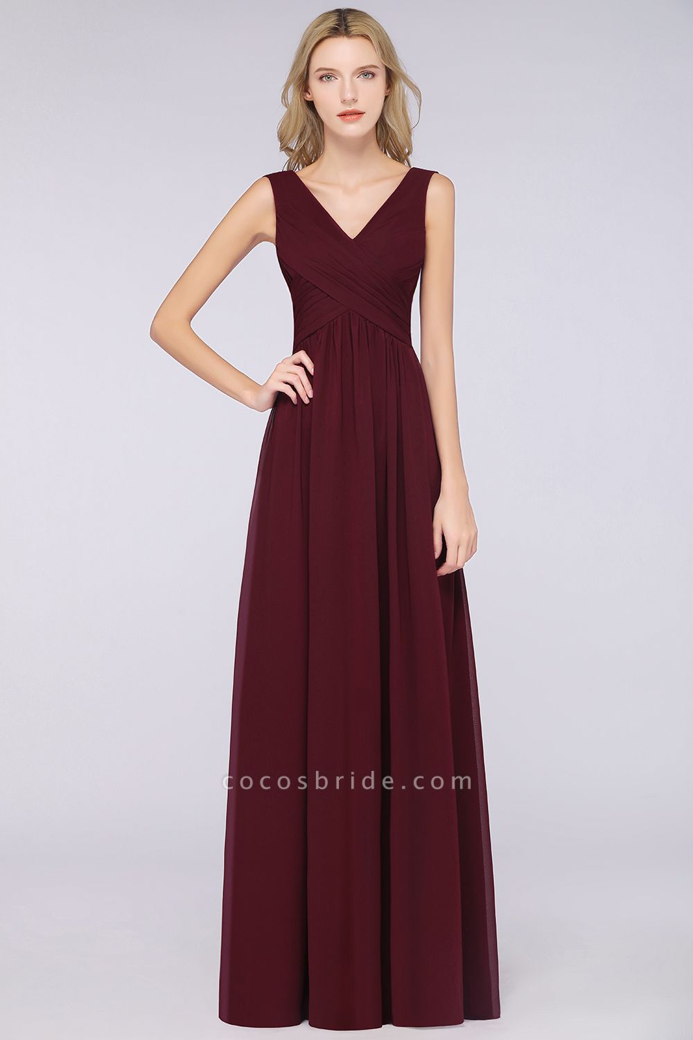 A-Line Chiffon Straps V-Neck Sleeveless Floor-Length Bridesmaid Dress with Ruffles