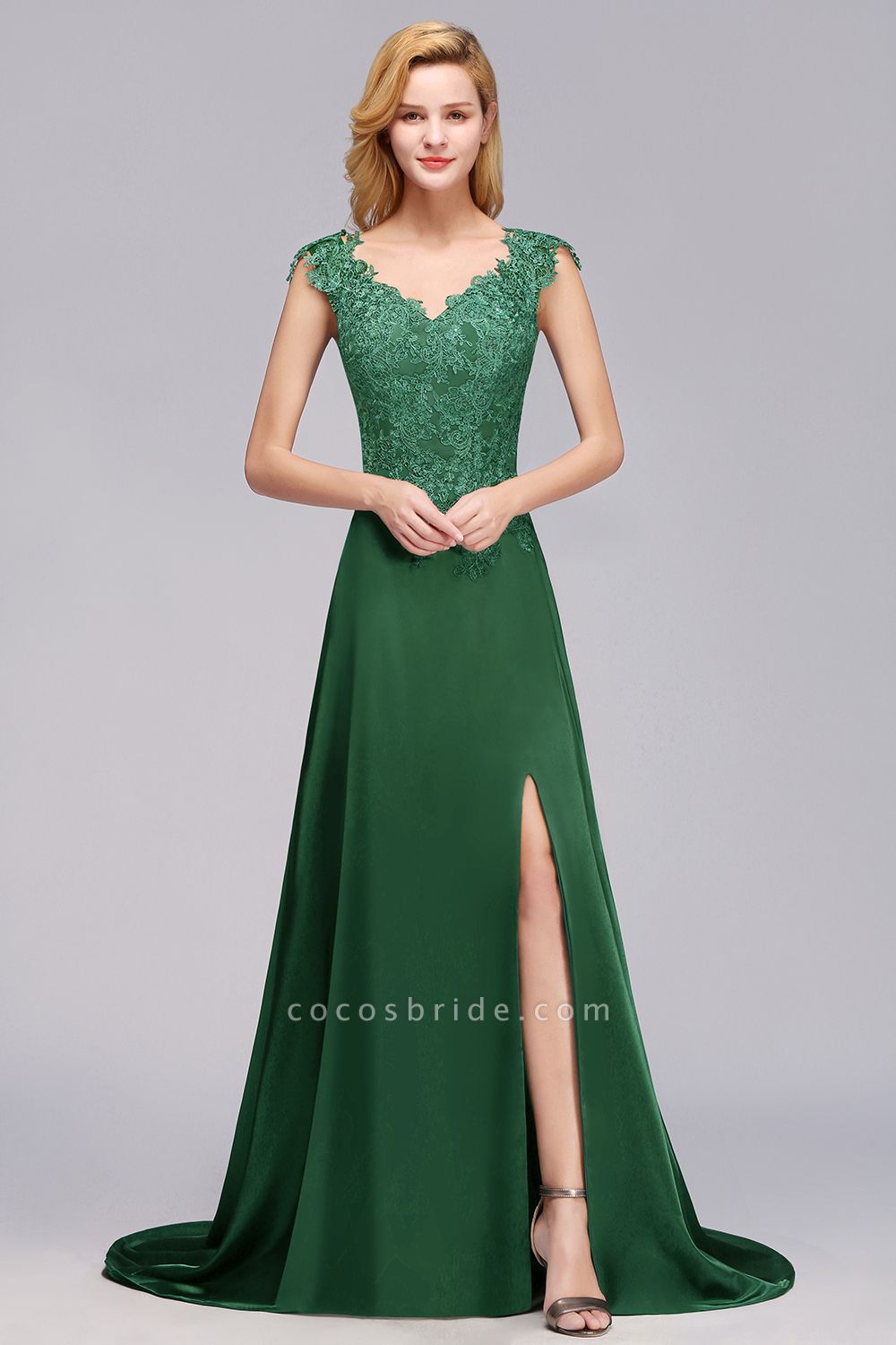 BM0796 A-line Lace Front-Slit Long Bridesmaid Dress