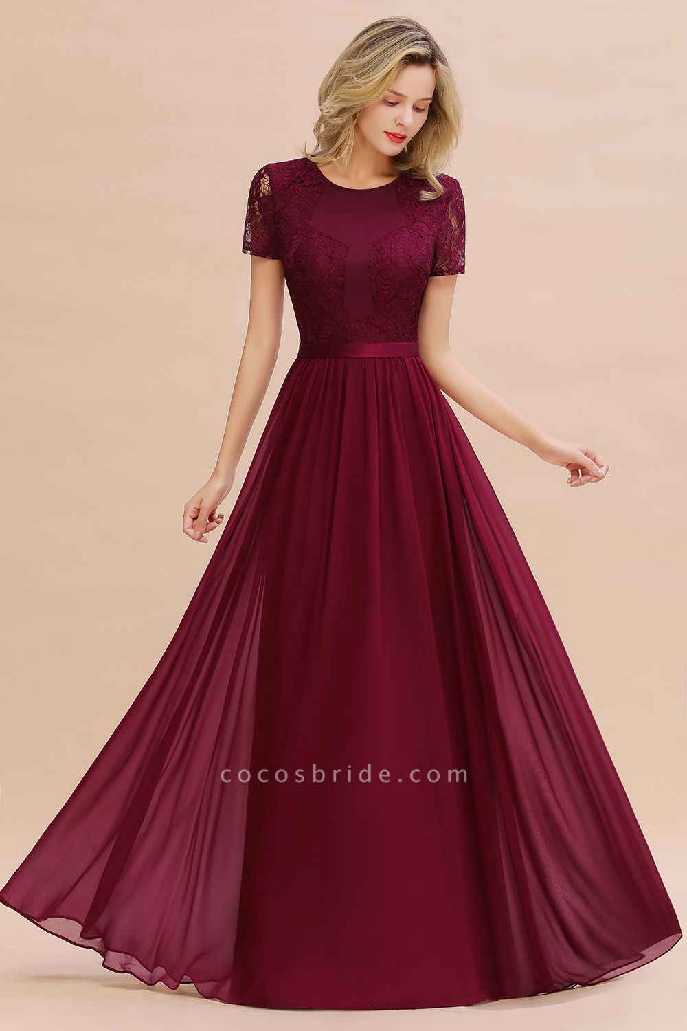 BM0831 Chiffon Lace Scoop Short Sleeve Bridesmaid Dress