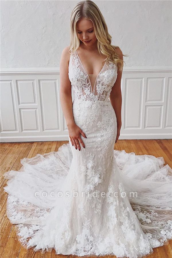 Glamorous Straps V-Neck Lace Mermaid Detachable Wedding Dresses