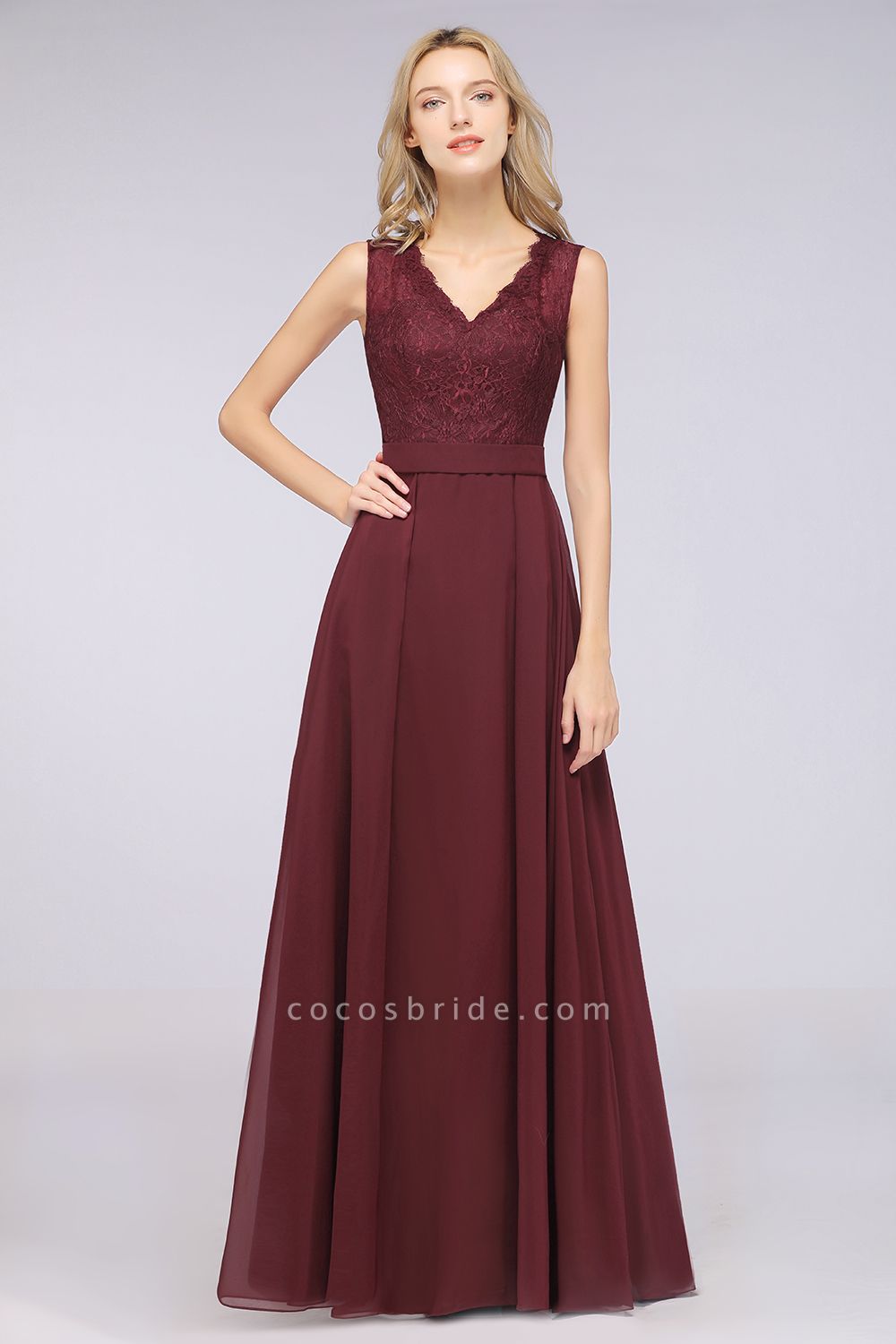 A-Line Chiffon Lace V-Neck Sleeveless Floor-Length Bridesmaid Dress