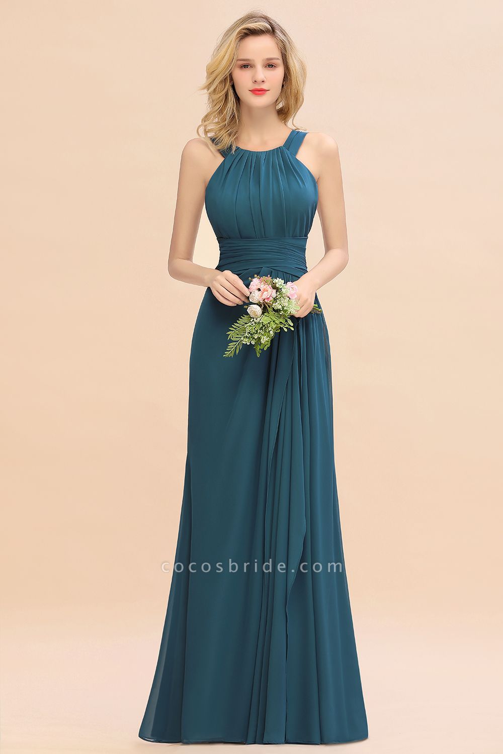 Long A-line Halter Chiffon Backless Floor-length Bridesmaid Dresses