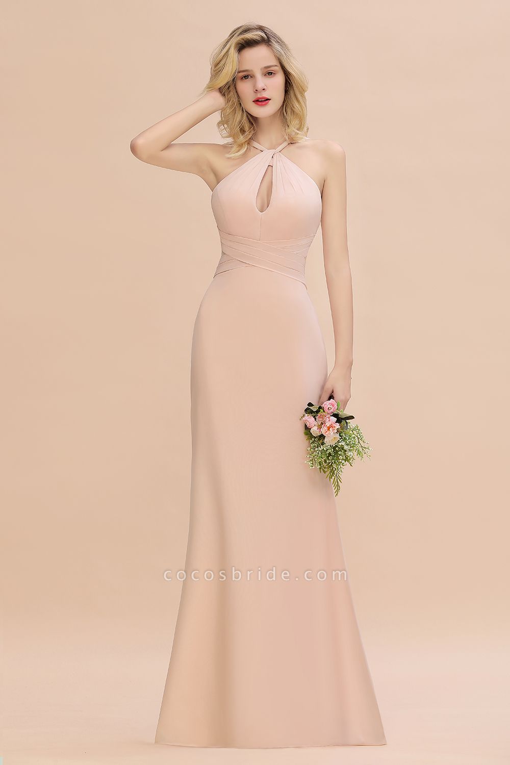 Elegant A-line Halter Keyhole Backless Floor-length Chiffon Bridesmaid Dresses