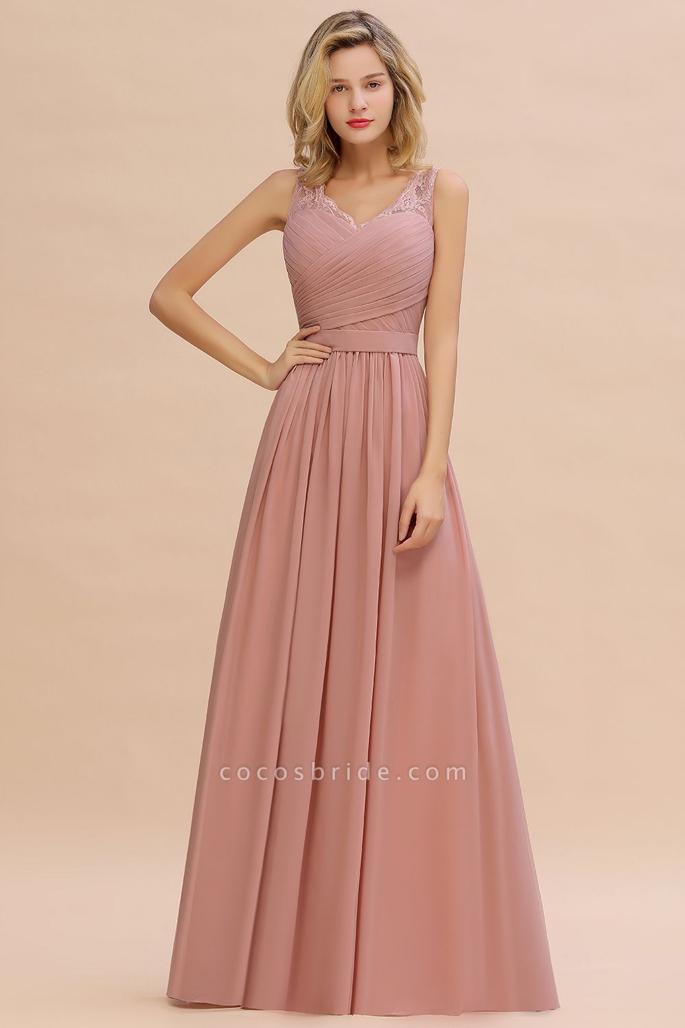 Classy Wide Straps V-neck A-line Floor-length Ruched Chiffon Bridesmaid Dress