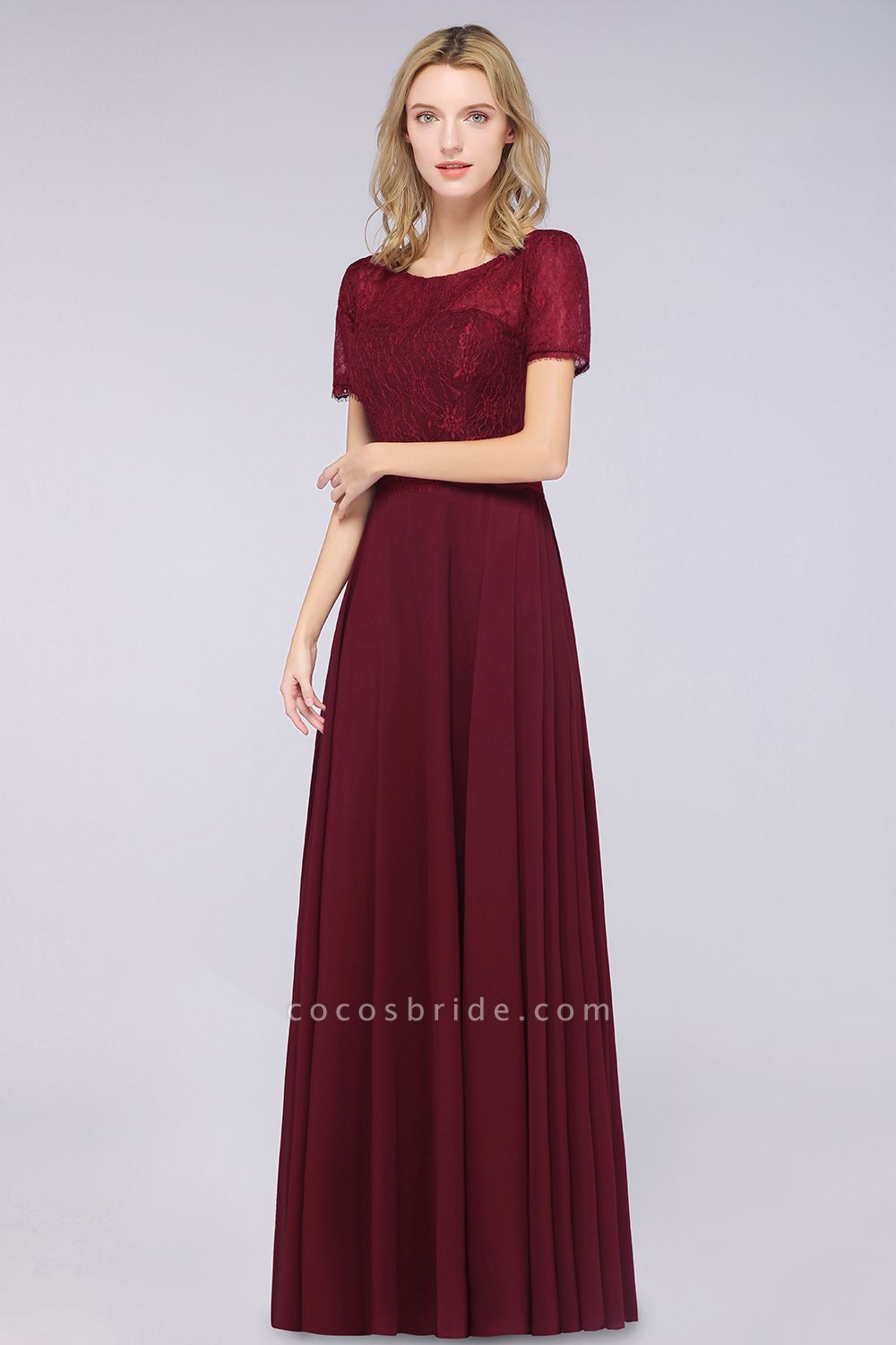 A-Line Chiffon Lace Round-Neck Short-Sleeves Floor-Length Bridesmaid ...