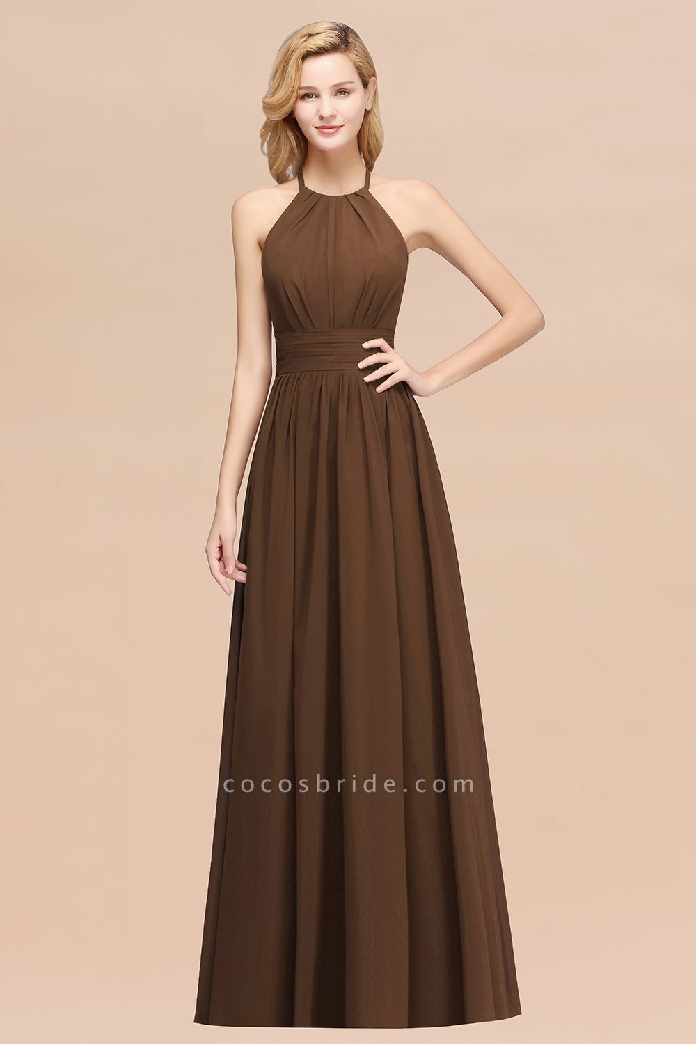 A-line Chiffon Appliques Halter Sleeveless Floor-Length Bridesmaid Dresses with Ruffles