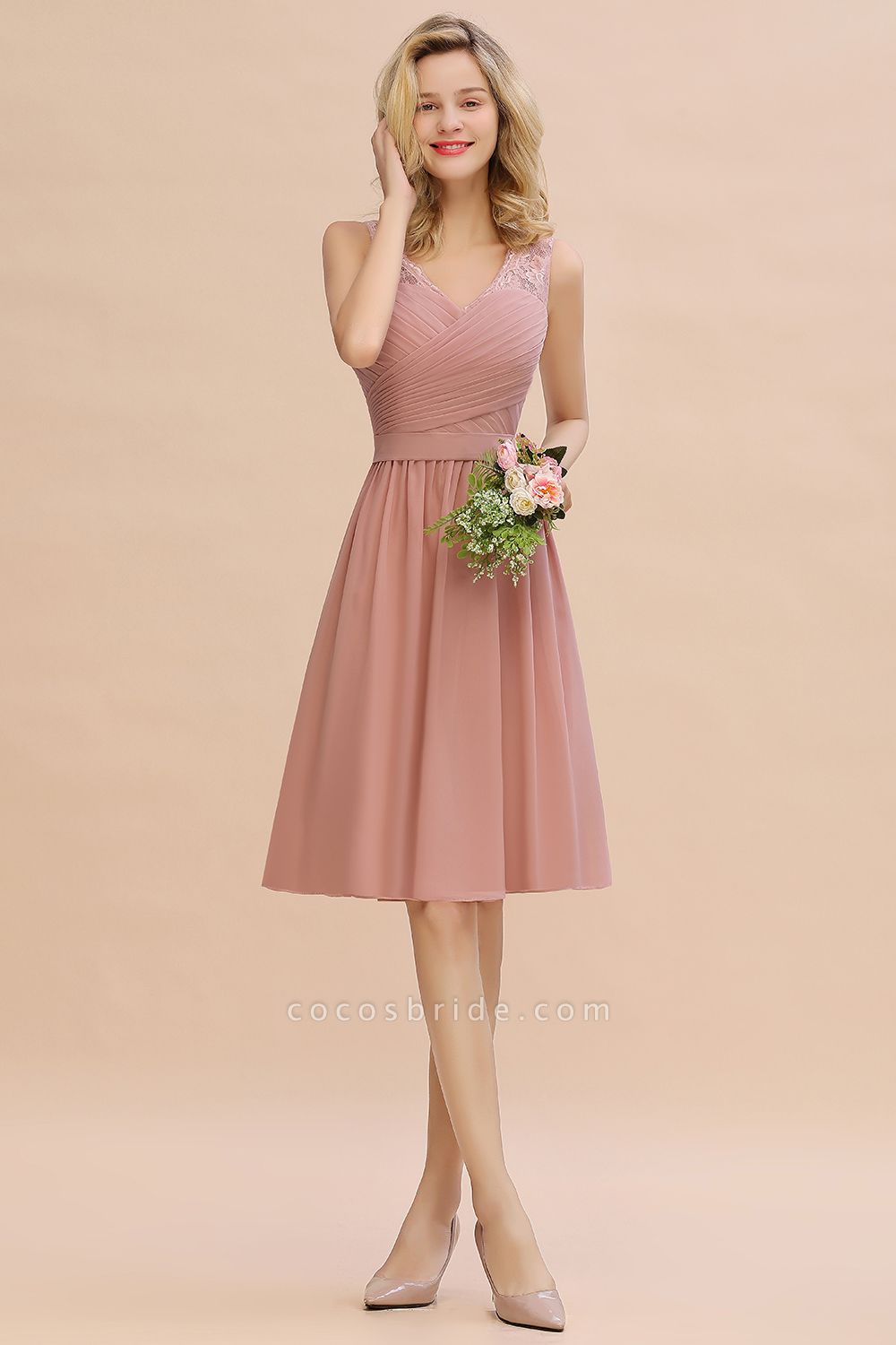Glamorous Wide Straps A-Line V-neck Knee-length Ruched Bridesmaid Dress