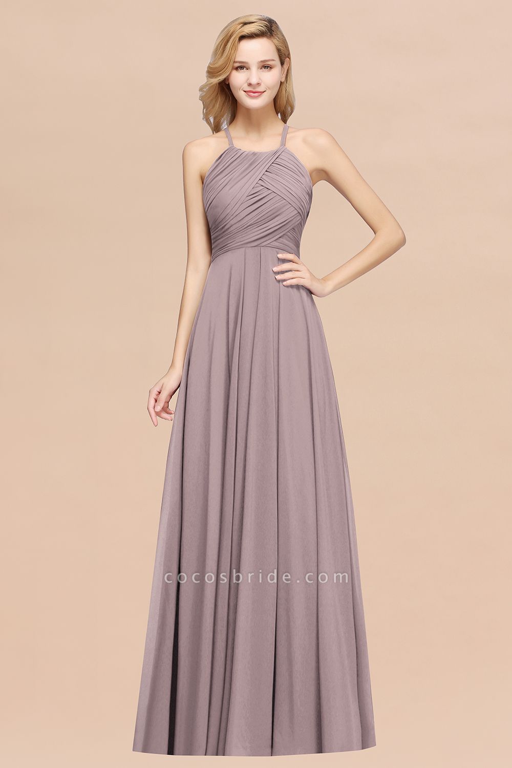 A-Line Chiffon Halter Ruffles Floor-Length Bridesmaid Dress