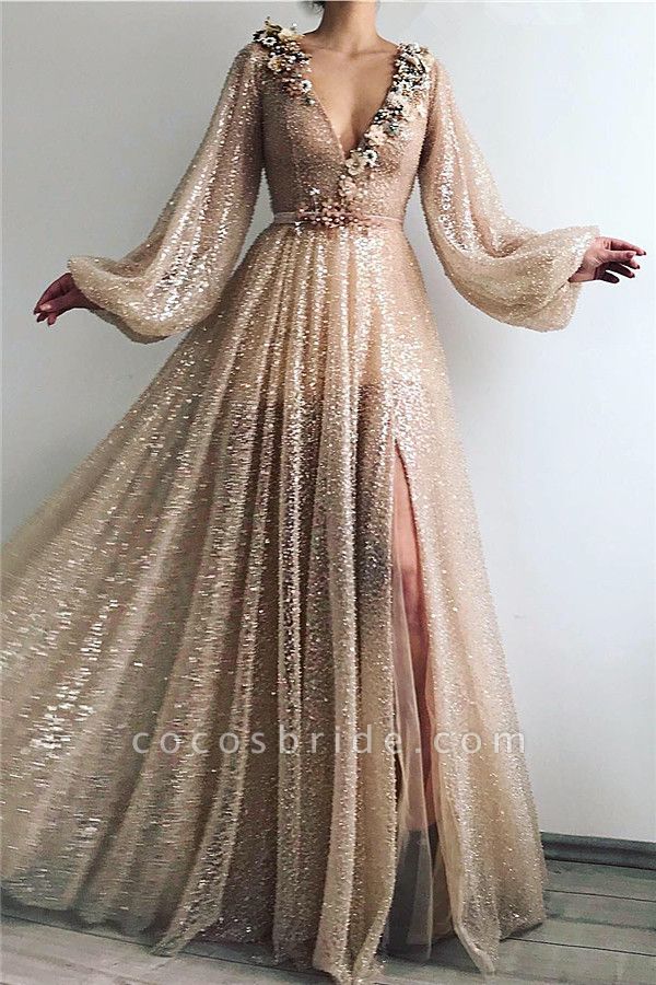 Modest V-neck Sequined A-line Prom Dress