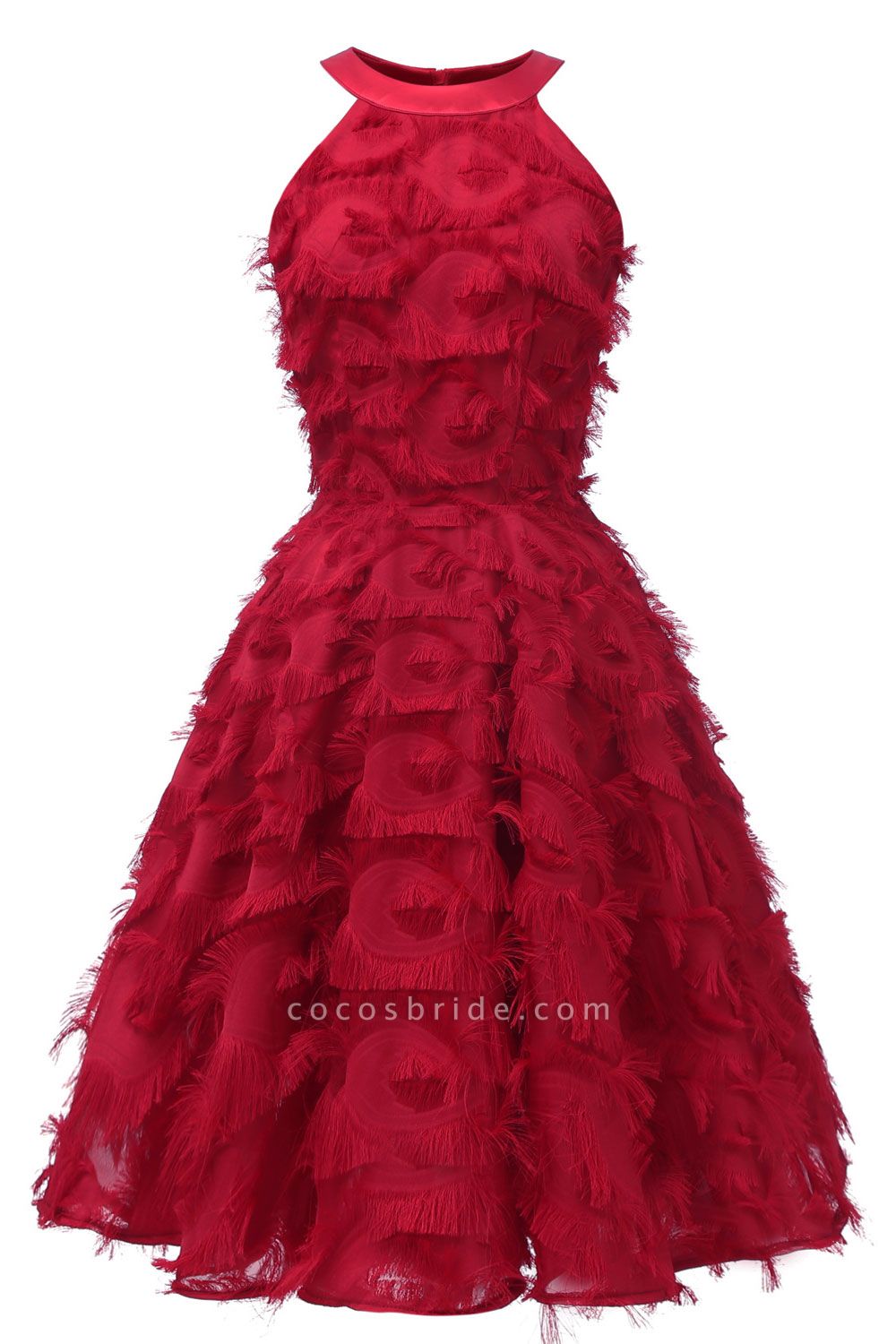 Elegant Halter Feather Princess Vintage Dresses | Retro A-line Burgundy Homecoming Dress