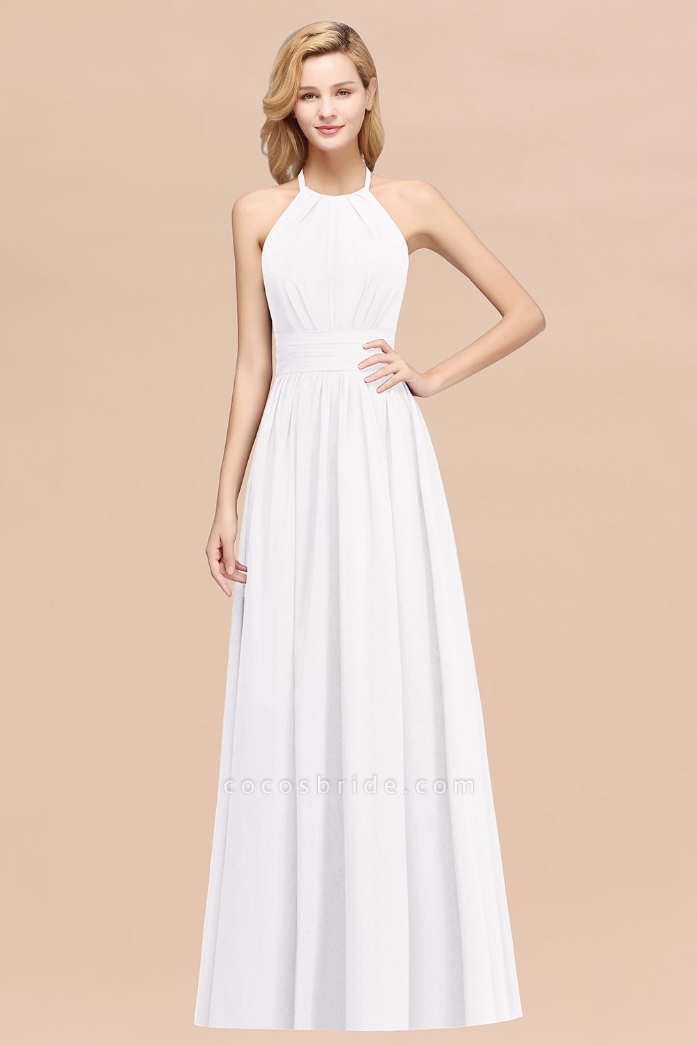 A-line Chiffon Appliques Halter Sleeveless Floor-Length Bridesmaid Dresses with Ruffles