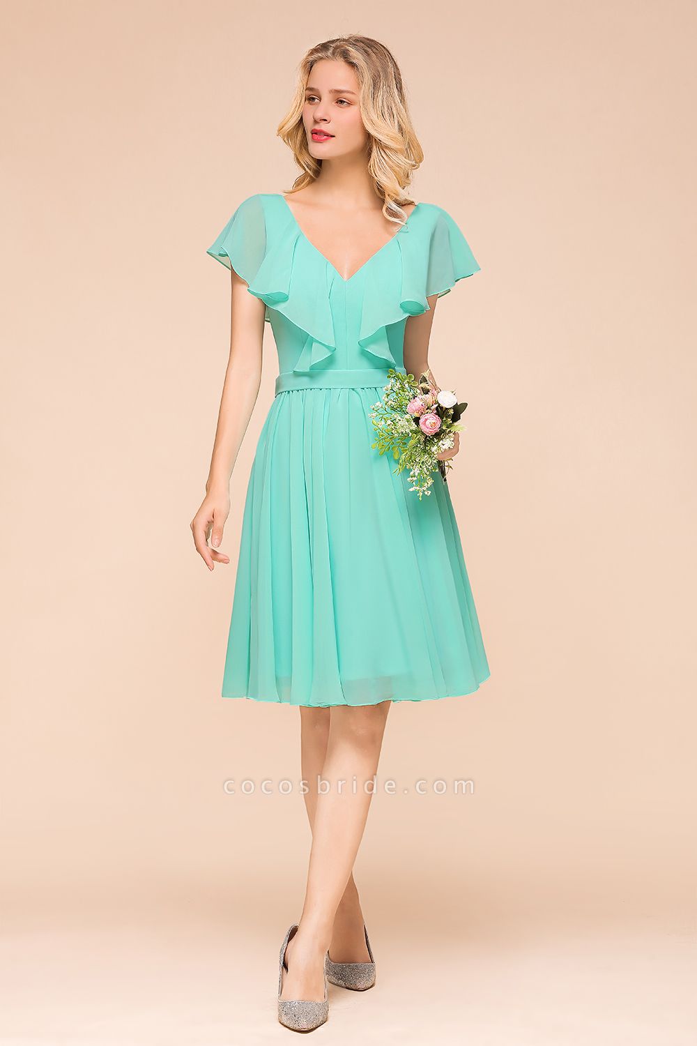 Elegant V-neck Backless A-line Knee-length Bridesmaid Dress With Ruched