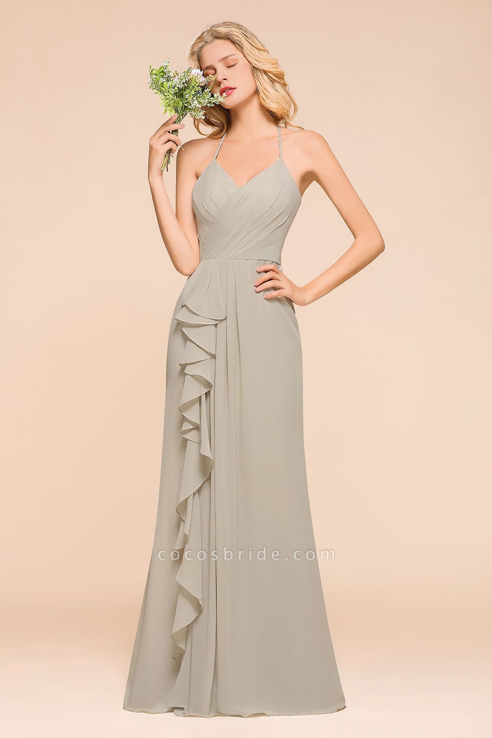 Stunning Halter V-neck Chiffon A-line Floor-length Bridesmaid Dress With Ruffles Embellishment
