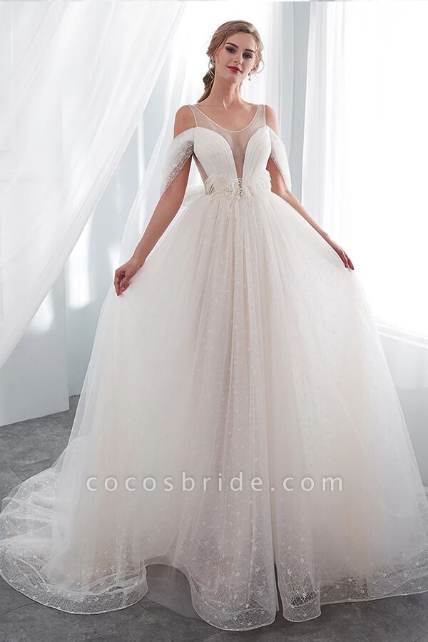 Ruffle Cold-shoulder Tulle A-line Wedding Dress