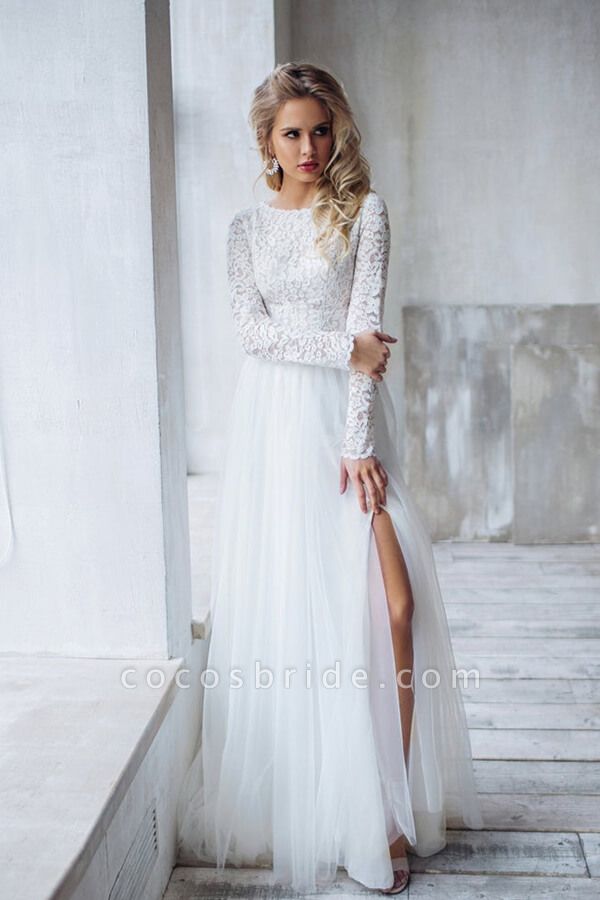Long Sleeve Lace Chiffon Two Piece Wedding Dress