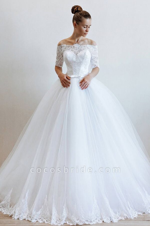 Off-the-shoulder Lace Tulle Ball Gown Wedding Dress
