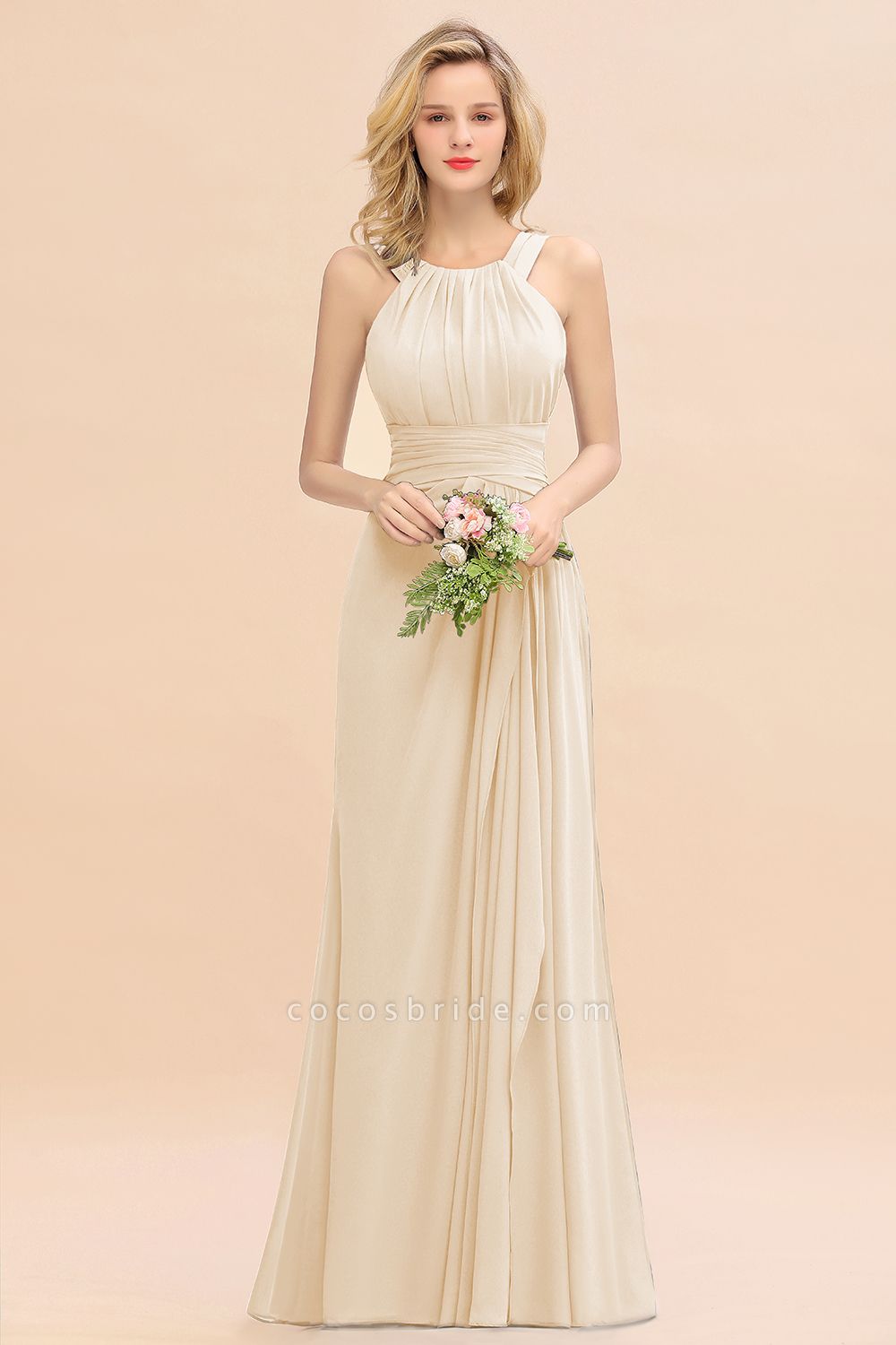Long A-line Halter Chiffon Backless Floor-length Bridesmaid Dresses