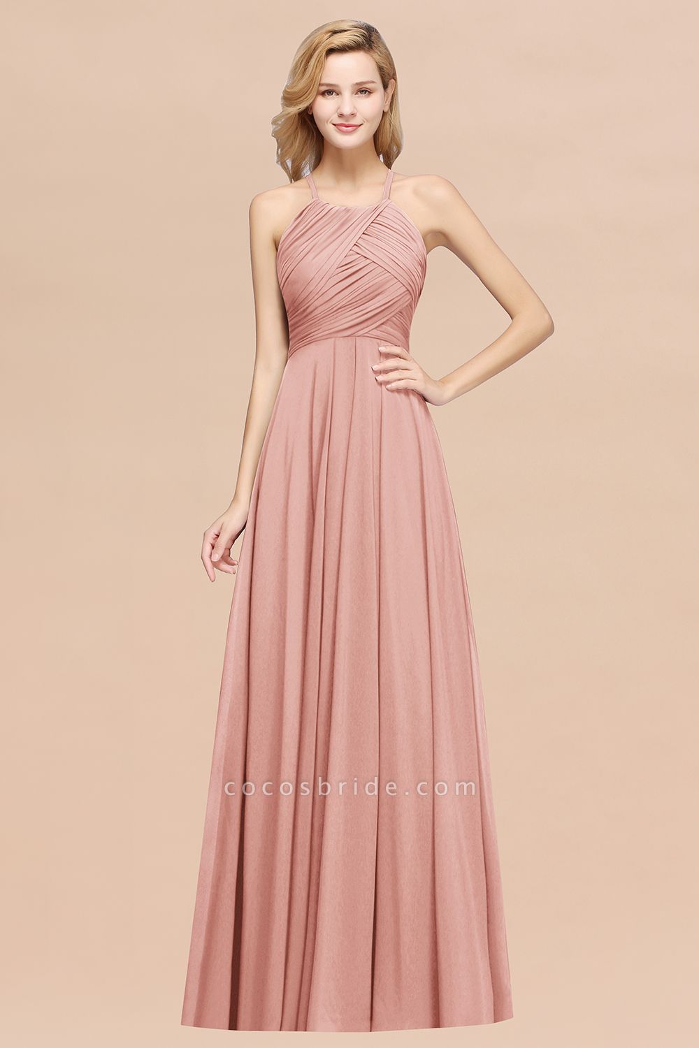 A-Line Chiffon Halter Ruffles Floor-Length Bridesmaid Dress