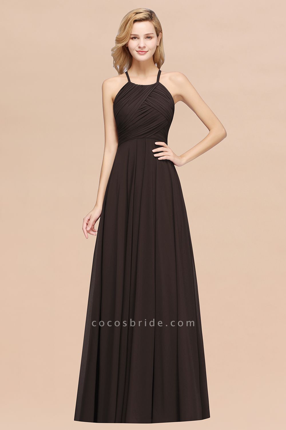 A-Line Chiffon Halter Ruffles Floor-Length Bridesmaid Dress