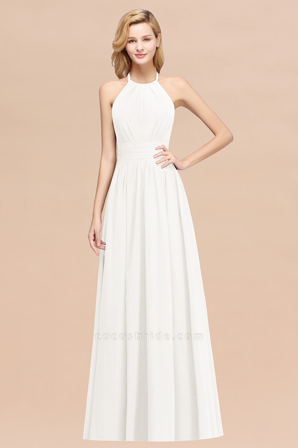 A-line Chiffon Appliques Halter Sleeveless Floor-Length Bridesmaid Dresses with Ruffles