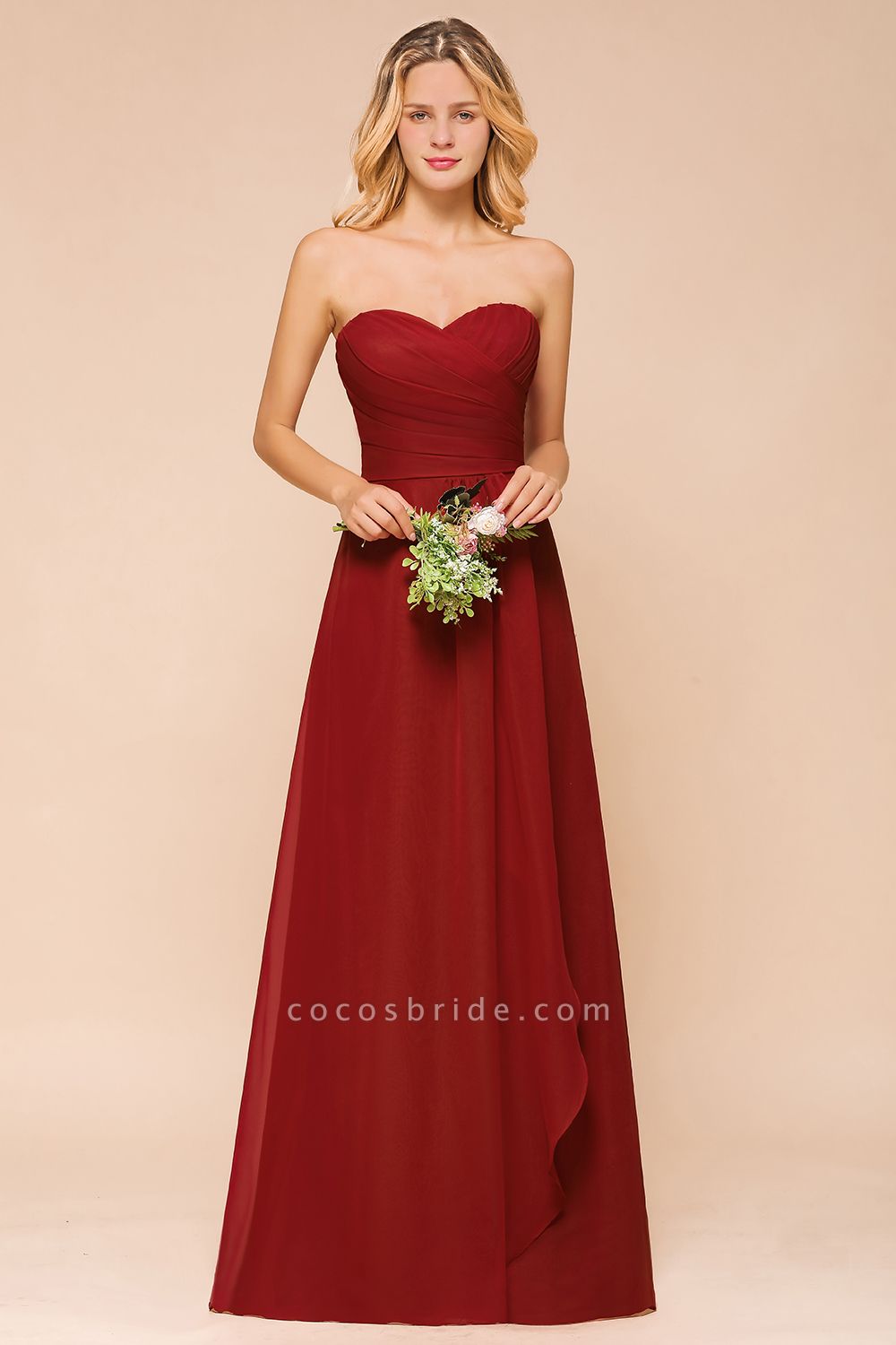 Simple A-Line Strapless Chiffon Backless Floor-length Bridesmaid Dress With Ruched