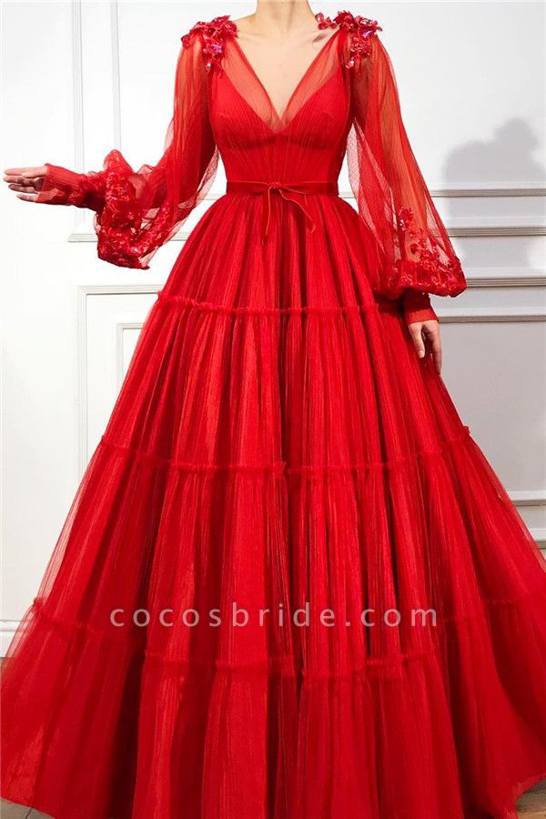 Chic Red Long A-line V-neck Tulle Prom Dress with Sleeves