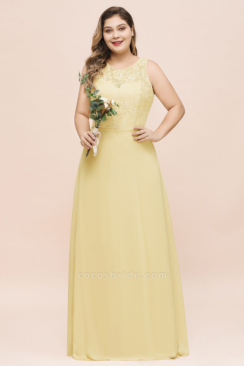 Long Plus Size Chiffon Jewel Daffodil Bridesmaid Dress with Lace