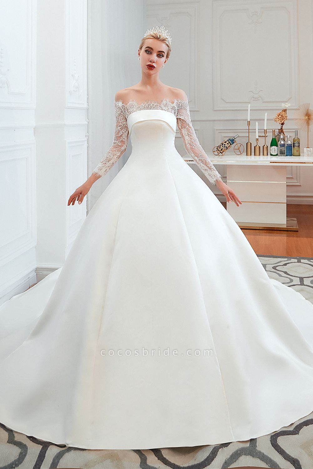 Stunning Off-the-shoulder Long Sleeve A-Line Satin Church Wedding Dress