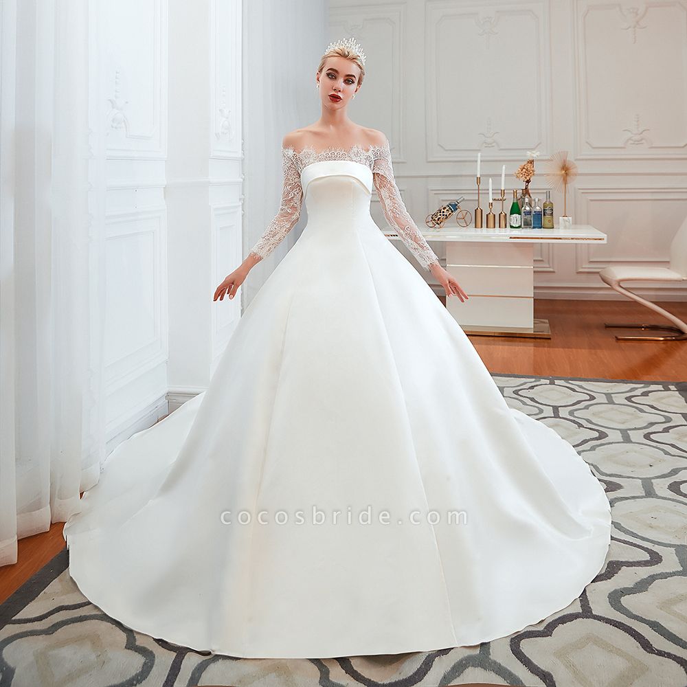 Stunning Off-the-shoulder Long Sleeve A-Line Satin Church Wedding Dress