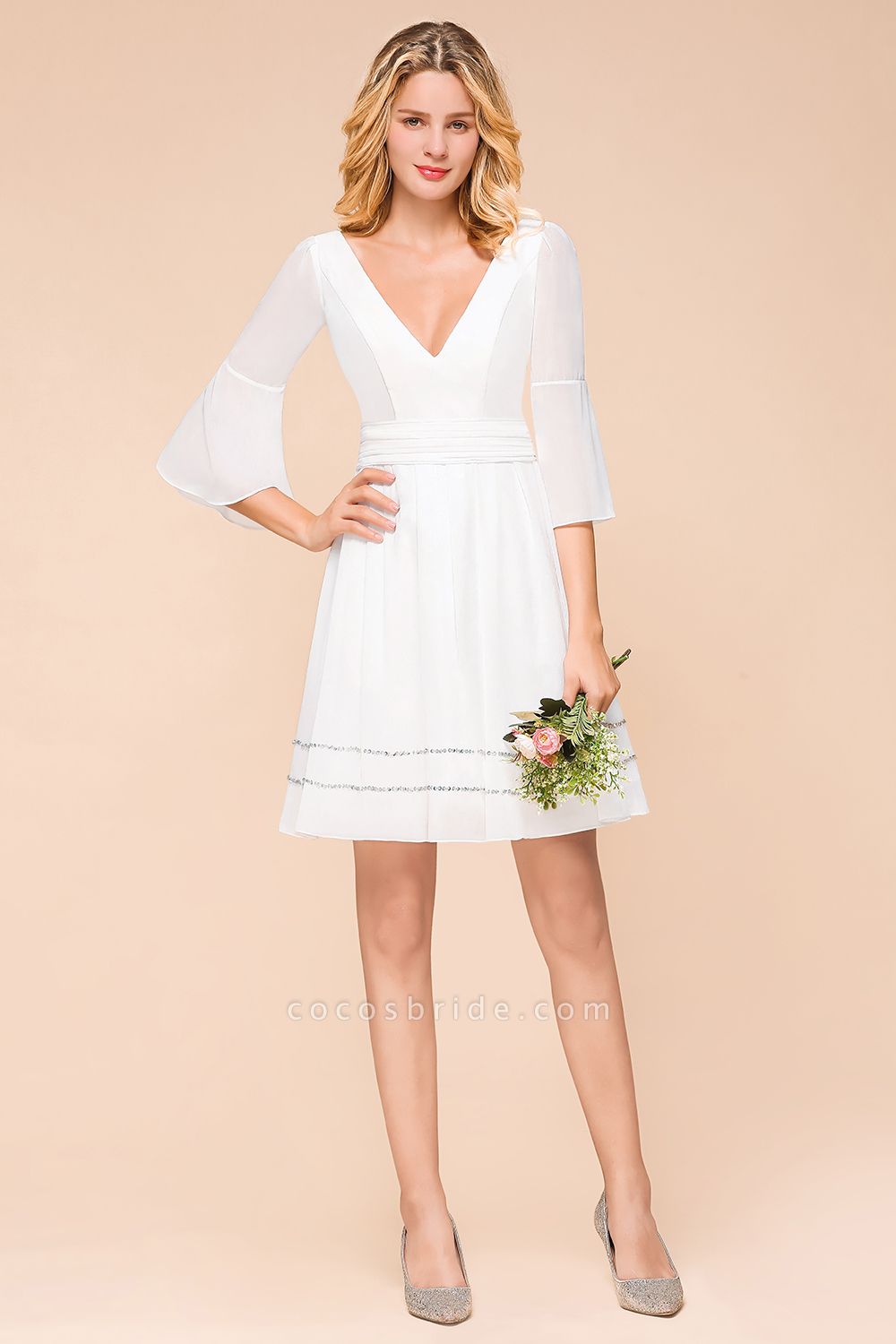 Elegant White Long Sleeve Deep V-neck A-line Knee-length Chiffon Bridesmaid Dress
