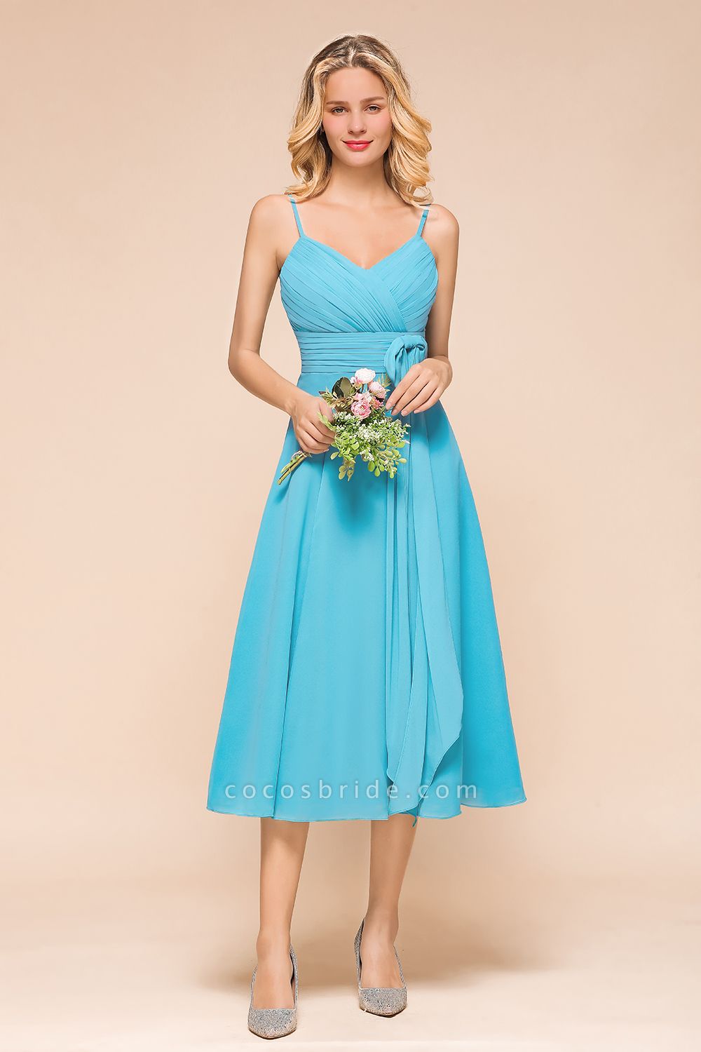 Beautiful Sky Blue A-line Tea-length Chiffon Bridesmaid Dress With Spaghetti Straps