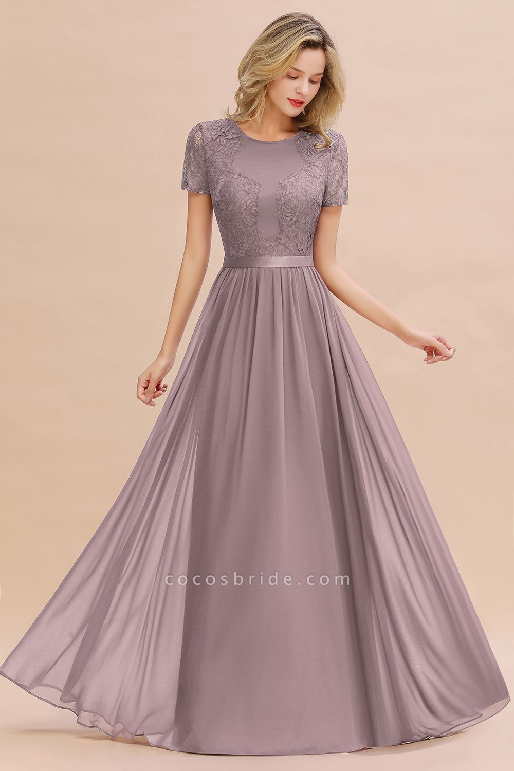 BM0831 Chiffon Lace Scoop Short Sleeve Bridesmaid Dress