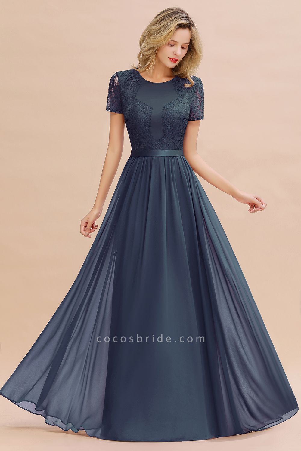 BM0831 Chiffon Lace Scoop Short Sleeve Bridesmaid Dress