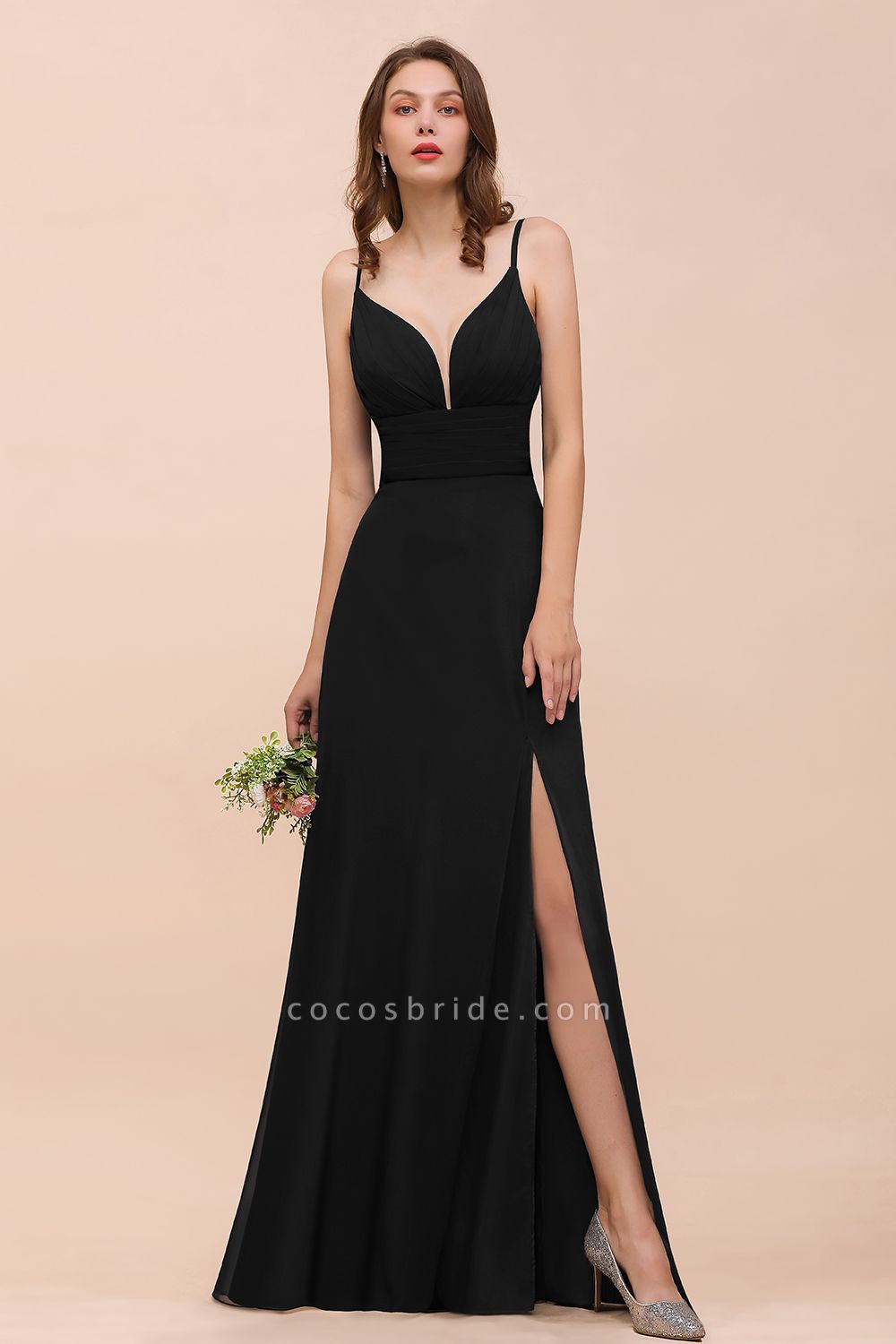 Elegant Black Spaghetti Straps Sweetheart Split Chiffon A-Line Bridesmaid Dress