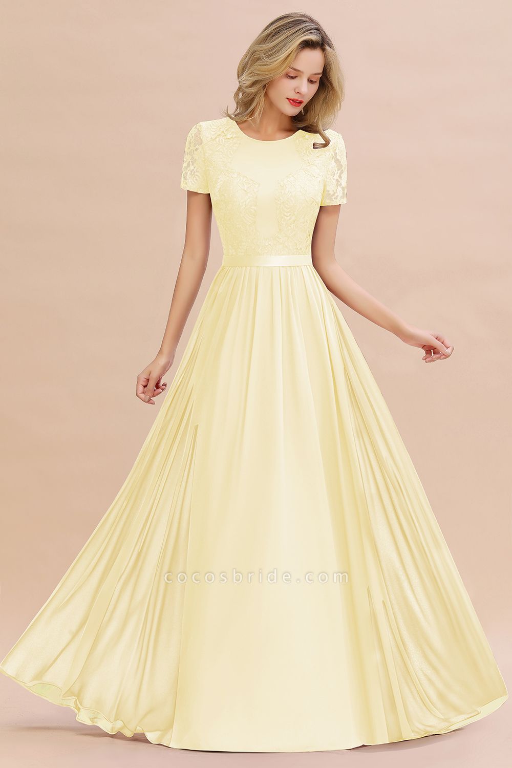BM0831 Chiffon Lace Scoop Short Sleeve Bridesmaid Dress