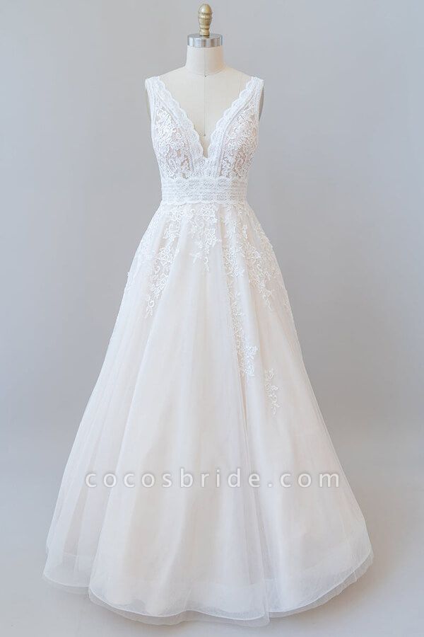 Elegant V-neck Appliques Tulle A-line Wedding Dress