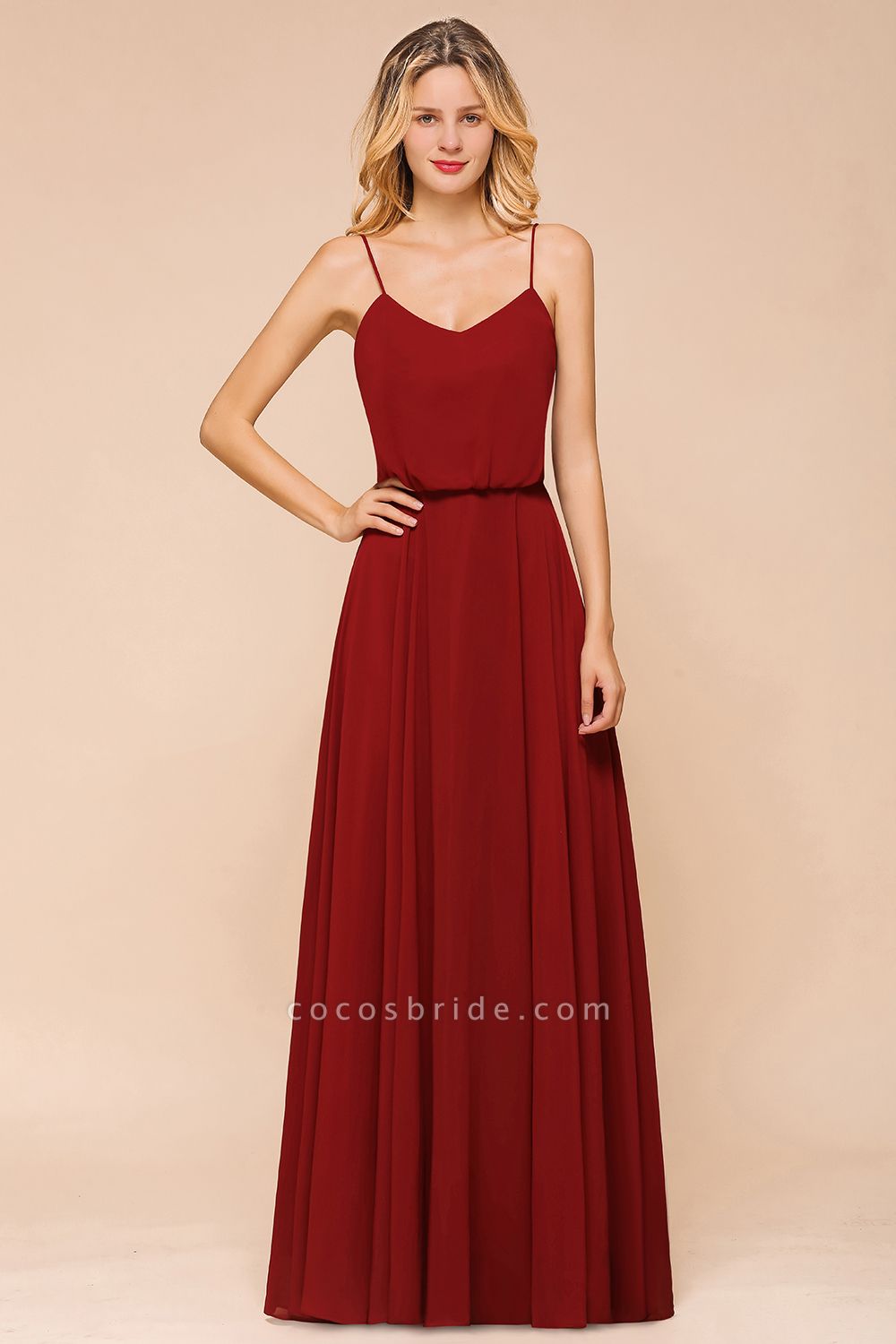 Elegant Red Spaghetti Straps Sweetheart A-line Chiffon Floor-length Bridesmaid Dress