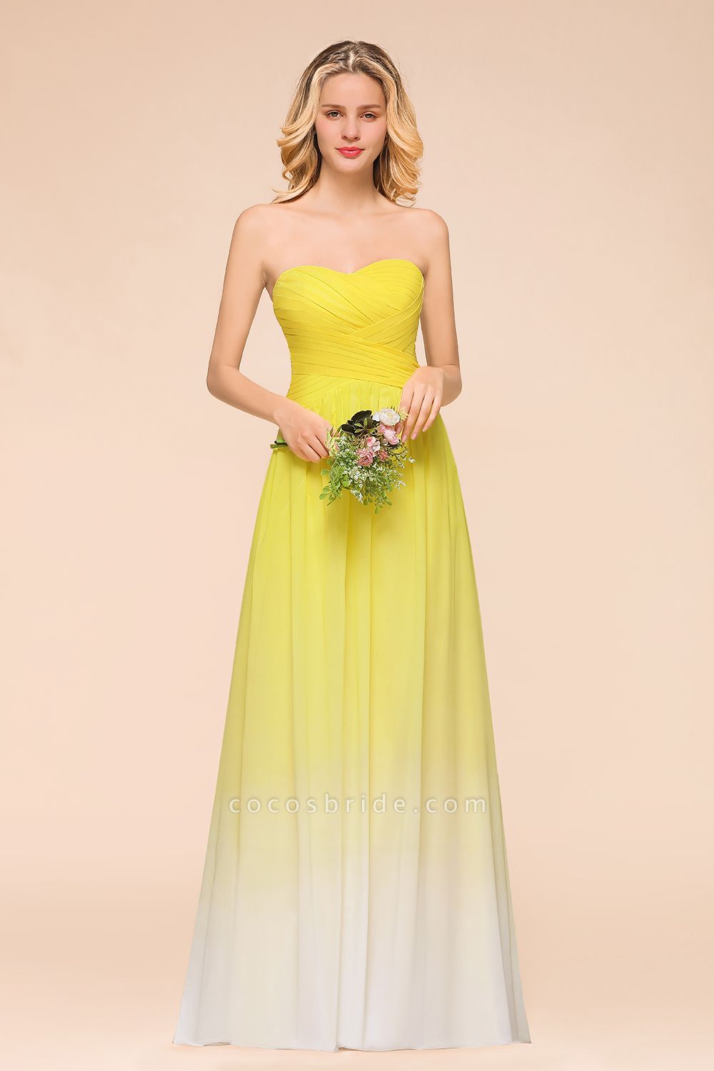 Pretty Strapless Backless A-line Floor-length Chiffon Ruched Bridesmaid Dress
