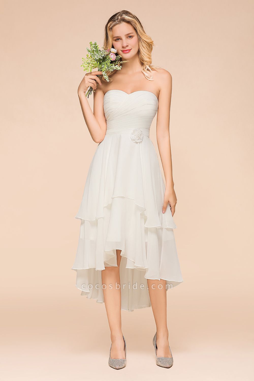 Vintage White Strapless A-line High Low Chiffon Backless Bridesmaid Dresses