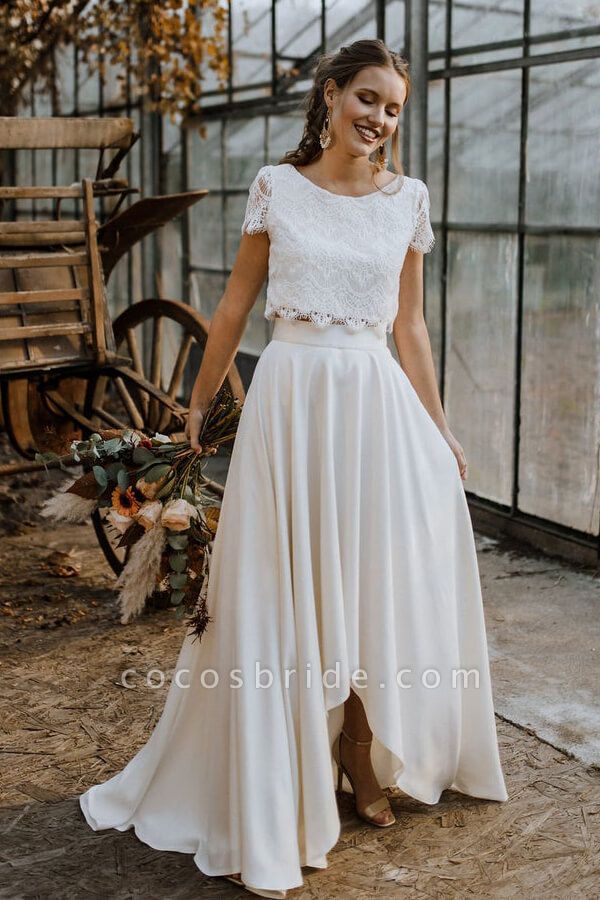 Short Sleeve Lace High Low Two Piece Wedding Dress