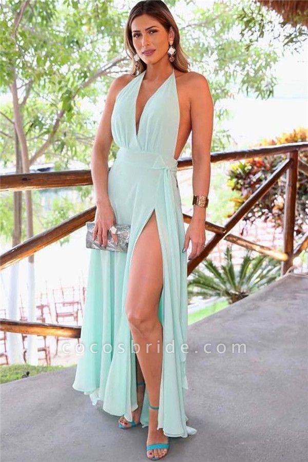 Halter A-line V-neck Prom Dresses|Splitfront Mint Green Evening Gowns