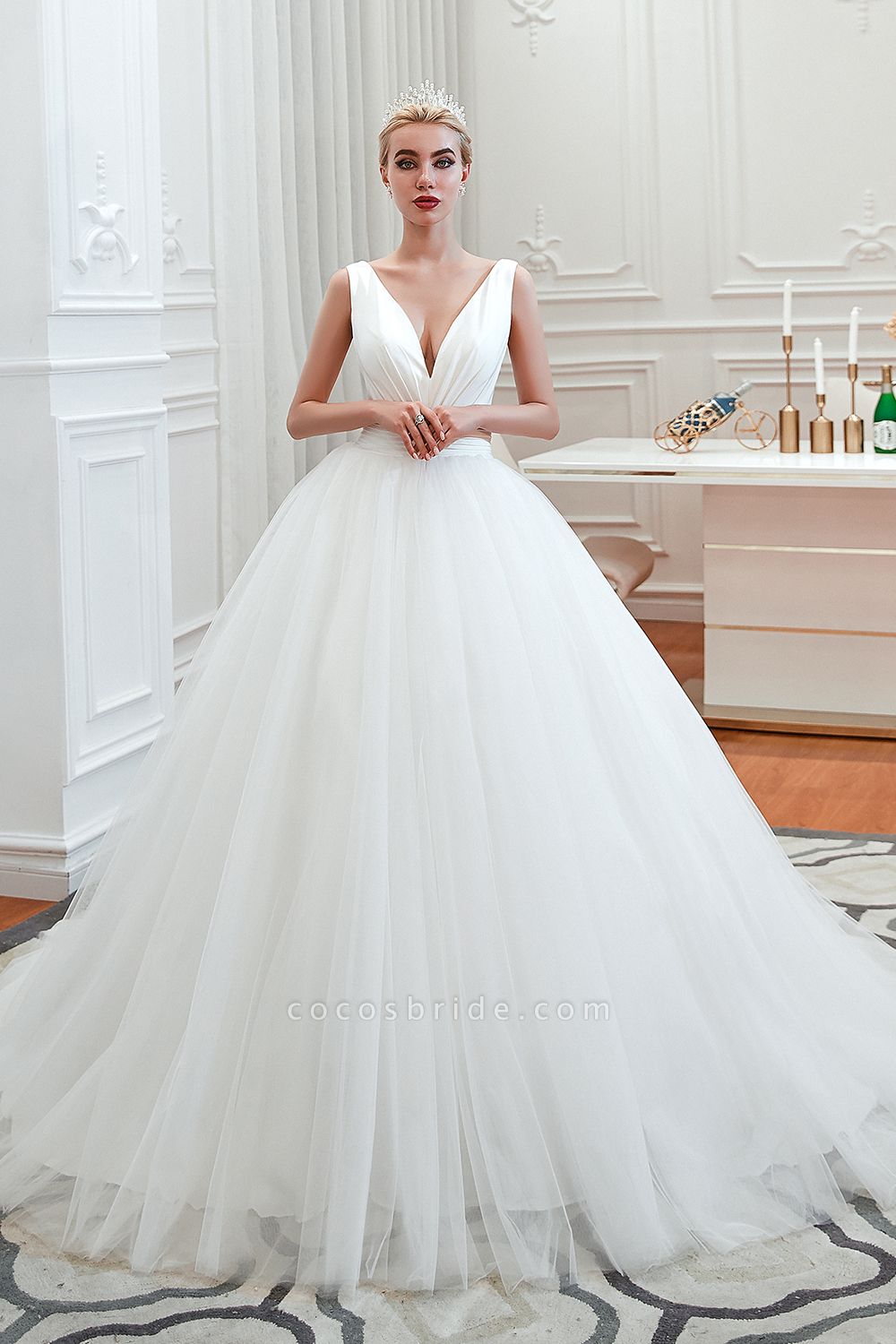 Romantic A-Line Tulle Wide Straps Deep V-neck Floor-length Wedding Dress