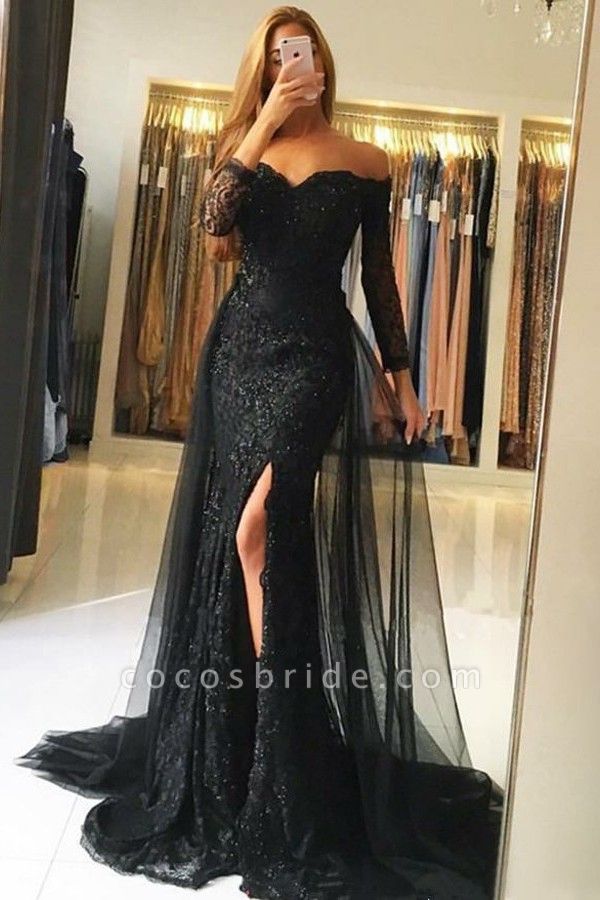 Newest Mermaid Off-the-shoulder Long Sleeves Tulle Prom Dress with Slit