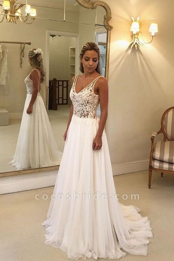 Open Back V-neck Lace Chiffon Wedding Dress