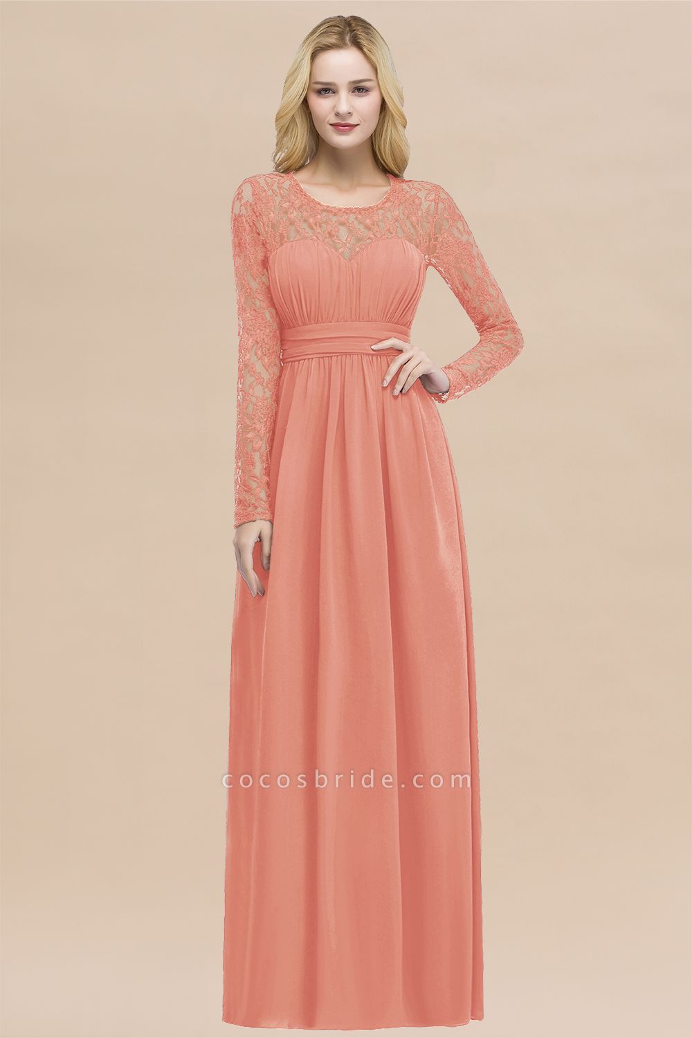 Elegant A-Line Chiffon Jewel Long Sleeves Ruffles Floor-Length Bridesmaid Dresses