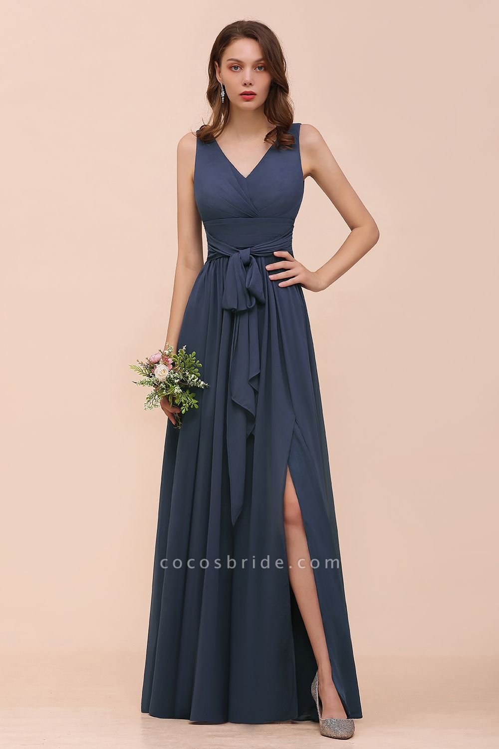 Affordable Long A-line V-neck Chiffon Stormy Bridesmaid Dress with Slit