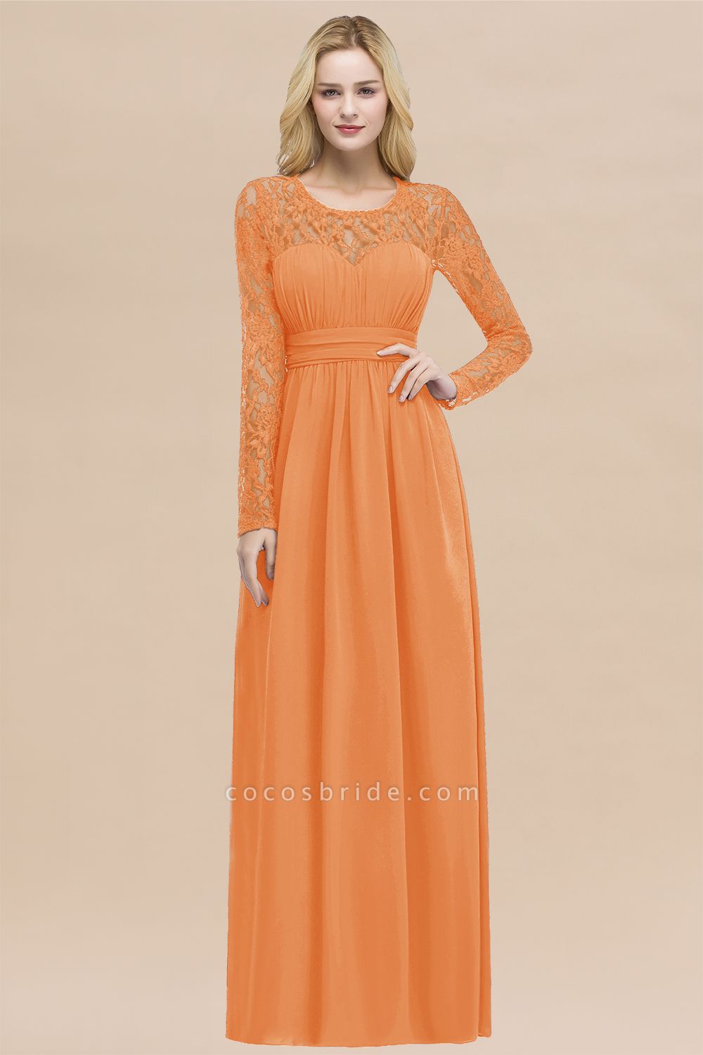 Elegant A-Line Chiffon Jewel Long Sleeves Ruffles Floor-Length Bridesmaid Dresses